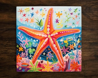 Wonderful Starfish Under the Sea Art, on a Glossy Ceramic Decorative Tile, Free Shipping to USA