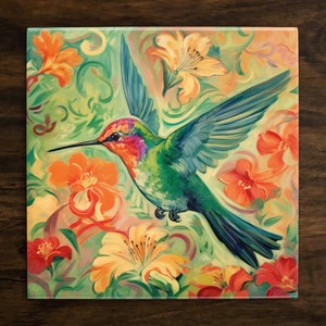 Beautiful Hummingbird Art with Floral Background and Vibrant Colors, on a Glossy Ceramic Decorative Tile, Free Shipping to USA