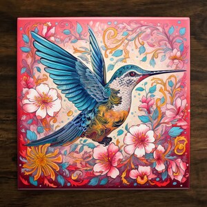 Beautiful Hummingbird Art with Floral Background Design, on a Glossy Ceramic Decorative Tile, Free Shipping to USA