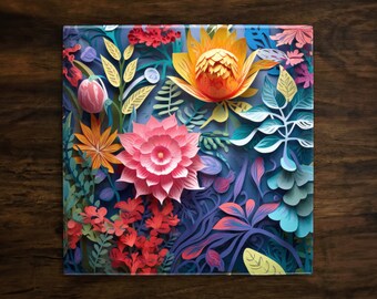May include: A colorful paper flower arrangement with pink, yellow, orange, red, blue, and green flowers. The flowers are layered and textured, creating a 3D effect.