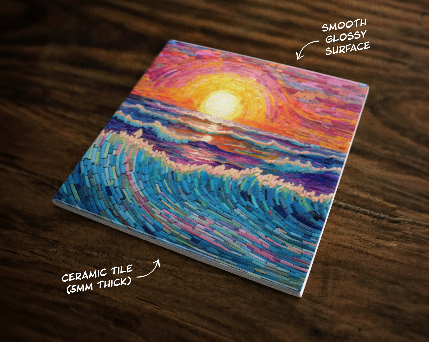 Beautiful Mosaic Inspired Ocean Sunset Art, on a Glossy