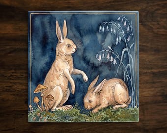 Watercolor Rabbits Mushrooms Tile | Woodland Art Home Decor (6x6 8x8)