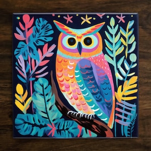 Stylish Owl Art, on a Glossy Ceramic Decorative Tile, Free Shipping to USA