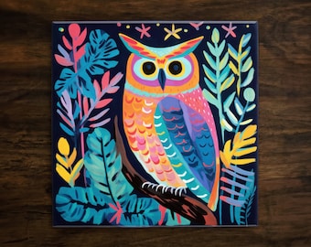 Glossy Owl Ceramic Tile: Colorful Art Decor