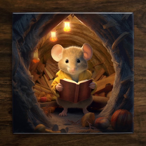 Adorable Little Mouse Art, on a Glossy Ceramic Decorative Tile, Free Shipping to USA