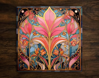 Vintage-Inspired Ornate Floral Design (#7), on a Glossy Ceramic Decorative Tile, Free Shipping to USA