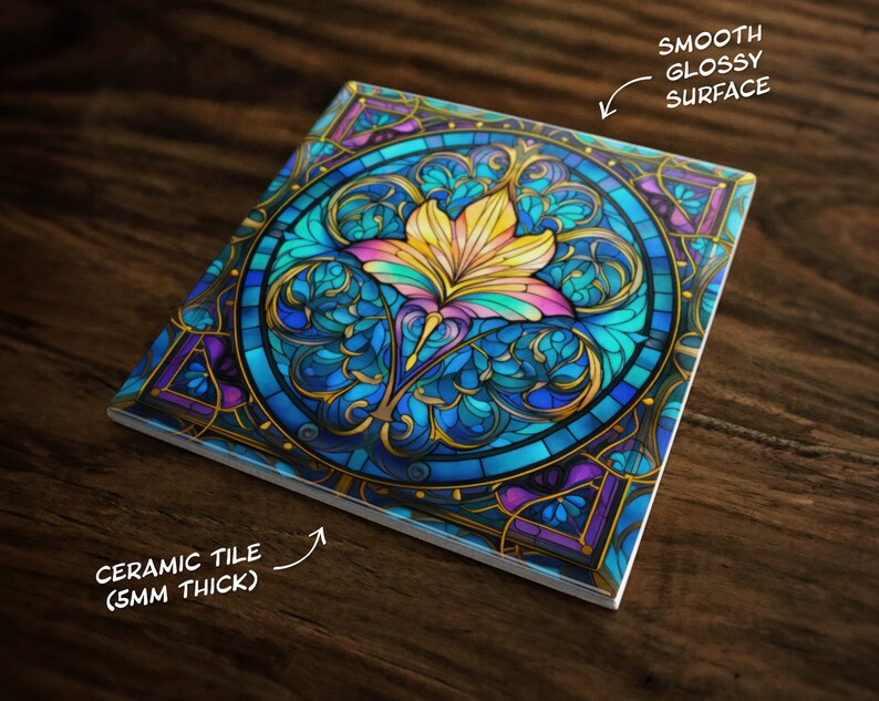 May include: A square ceramic tile with a colorful stained glass design featuring a stylized flower with blue, yellow, and purple hues. The tile has a smooth, glossy surface and is 5mm thick.