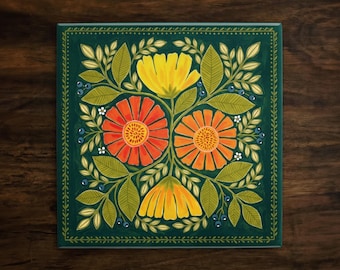 Vibrant Floral Ceramic Art Tile – Glossy Botanical Backsplash Decor (6x6 8x8)