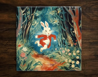 The White Rabbit Running in Wonderland Art, on a Glossy Ceramic Decorative Tile, Free Shipping to USA