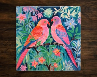 Lovebirds in Paradise Art, on a Glossy Ceramic Decorative Tile, Free Shipping to USA