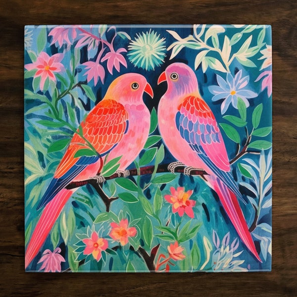 Lovebirds in Paradise Art, on a Glossy Ceramic Decorative Tile, Free Shipping to USA