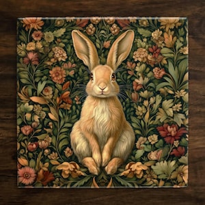 May include: A brown rabbit with long ears sits in the center of a square tile. The tile is covered in a floral pattern with green leaves, red, orange, and yellow flowers.