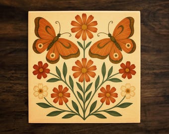 Azulejo cerámico con diseño de mariposas de arte popular: Decoración botánica (Envío gratuito a EE. UU.)