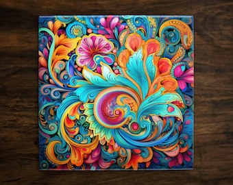 Colorful & Intricate Design | Paisley Art (#4), on a Glossy Ceramic Decorative Tile, Free Shipping to USA