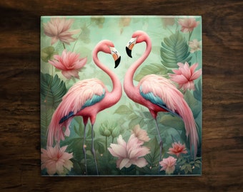 Tango of the Flamingos, Art on a Glossy Ceramic Decorative Tile, Free Shipping to USA