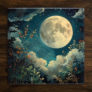 Enchanting Celestial Moon Night Sky, Vintage-Inspired, Cottagecore, Art on a Glossy Ceramic Decorative Tile, Free Shipping to USA