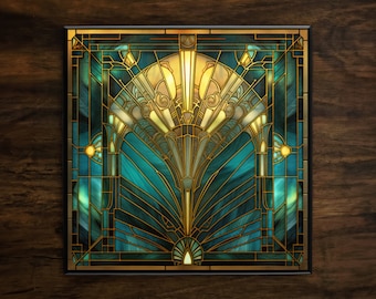 May include: A stained glass window with a geometric design in shades of blue, green, and gold. The design features a central fan shape with radiating lines and a decorative border.