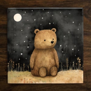 May include: A watercolor illustration of a brown bear standing in a field of grass under a starry night sky with a full moon.