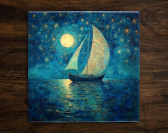 Night Sailing Ceramic Tile: Whimsical Starry Sky Art