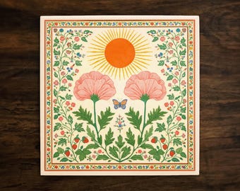 Pink Poppy Sun Ceramic Art Tile | Floral Butterfly Cottagecore Decor (6x6 8x8)
