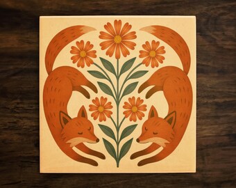 Folk Art Sleeping Foxes Ceramic Tile: Botanical Decor