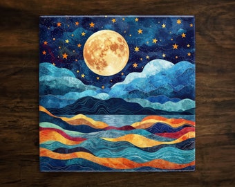 Starry Night Dreamlike Wonders, Art on a Glossy Ceramic Decorative Tile, Free Shipping to USA