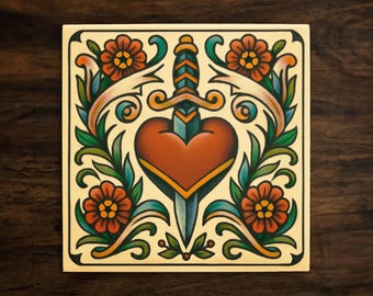 American Traditional Ceramic Tile Art: Floral Design, Free US Shipping