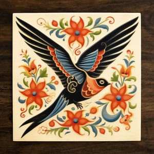 American Traditional Swallow (bird) Art, on a Glossy Ceramic Decorative Tile, Free Shipping to USA