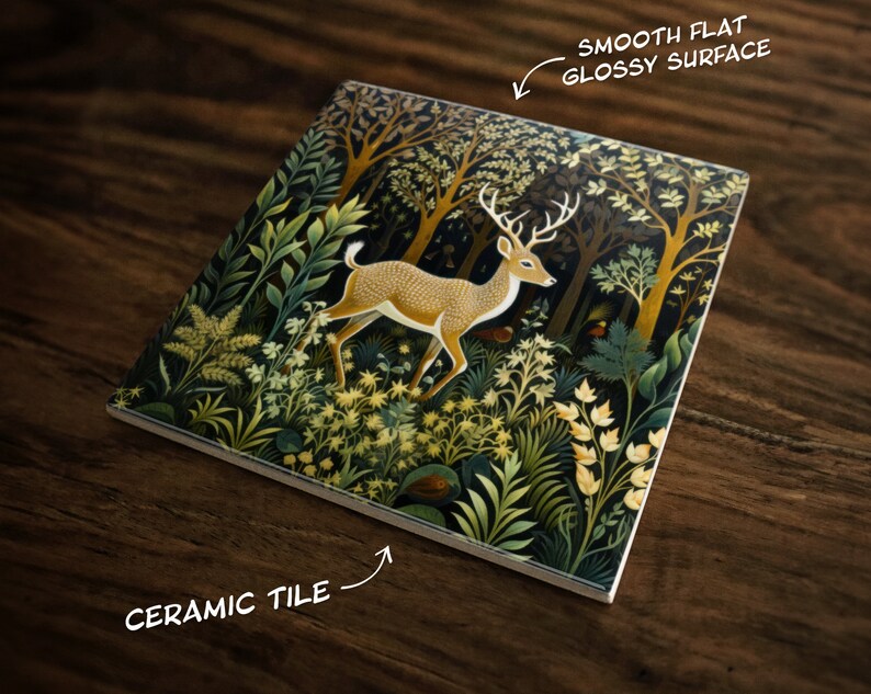 May include: A ceramic tile with a glossy surface features a detailed illustration of a deer standing in a lush forest. The forest is depicted with a variety of green and yellow foliage, creating a vibrant and intricate design.