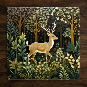 May include: A stylized illustration of a deer standing in a lush forest. The deer is brown with white spots and has large antlers. The forest is filled with green and brown foliage, and there are small birds flying around.