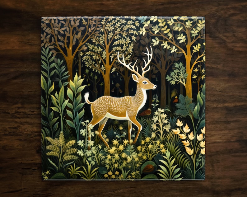 May include: A stylized illustration of a deer standing in a lush forest. The deer is brown with white spots and has large antlers. The forest is filled with green and brown foliage, and there are small birds flying around.