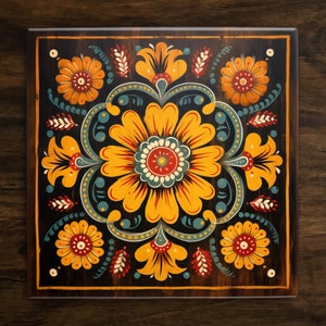 Vintage Style Folk Art Design (#3), on a Glossy Ceramic Decorative Tile ...