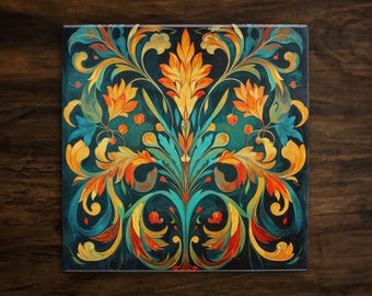 Vintage-Inspired Ornate Floral Design (#1), on a Glossy Ceramic Decorative Tile, Free Shipping to USA