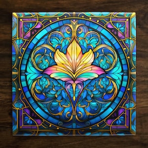 May include: A stained glass window design with a blue, gold, and purple color scheme. The design features a stylized flower with intricate details.