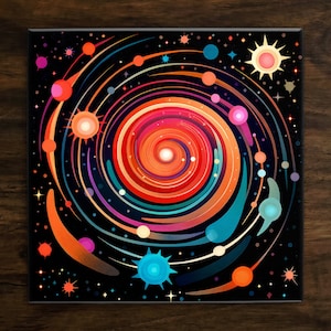 Retro Design Inspired by the Cosmos, Art on a Glossy Ceramic Decorative Tile, Free Shipping to USA