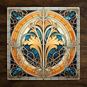 May include: A stained glass window design featuring a stylized floral motif in shades of blue, yellow, and orange. The design is framed by a black and white border.