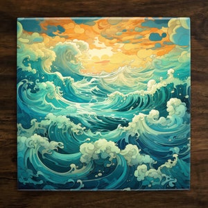 Ocean Waves Ceramic Tile Art: Glossy Coastal Decor