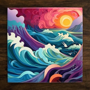 May include: A colorful abstract illustration of a large wave crashing in the ocean. The wave is made up of many different shades of blue, green, and purple. The sky above the wave is a vibrant pink and orange, with a bright yellow sun shining through the clouds.