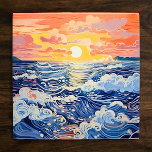 Sea Sunset Ceramic Tile Art: Ocean Wave Home Decor