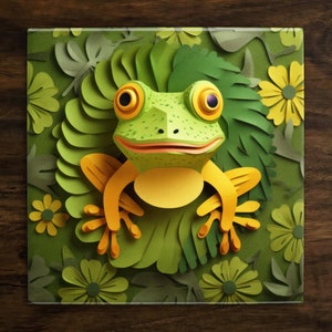 May include: A green paper frog with yellow limbs sits in a bed of green paper leaves and flowers. The frog has a wide smile and large, round eyes.