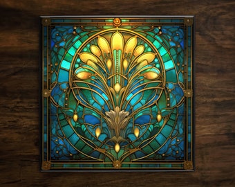 May include: A stained glass window design with a blue, green, and gold color scheme. The design features a stylized plant with a central stem and leaves that radiate outwards.