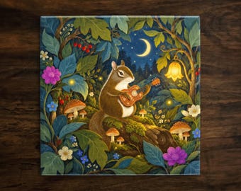 Whimsical Chipmunk Guitar Art Tile, Enchanted Forest Ceramic Decor (6x6 or 8x8)