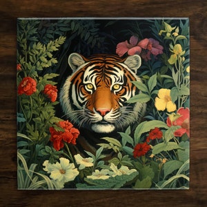 May include: A close-up of a tiger's face peering through lush green foliage with vibrant red, pink, and yellow flowers. The tiger's fur is orange and black with white stripes.
