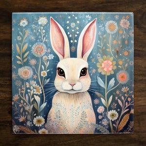 Rabbit Haven Ceramic Tile: Floral Bunny Art, USA Free Ship