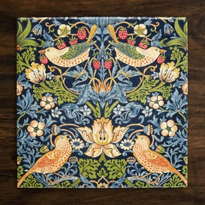 Strawberry Thief by William Morris, Art on a Glossy Ceramic Decorative Tile, Free Shipping to USA