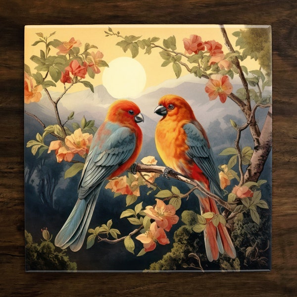 Two Lovebirds, Art on a Glossy Ceramic Decorative Tile, Free Shipping to USA