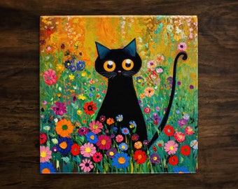The Garden Cat, Art on a Glossy Ceramic Decorative Tile, Free Shipping to USA