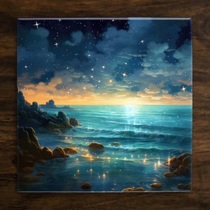 Ocean Night Sky Art Tile: Glossy Ceramic Coastal Decor