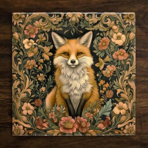 May include: A red fox with a white chest and a bushy tail sits in a floral pattern. The fox is surrounded by green leaves and flowers in shades of yellow, orange, and red.