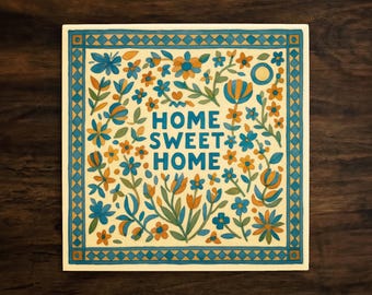 Home Sweet Home Floral Ceramic Art Tile: Blue & Gold Botanical Decor